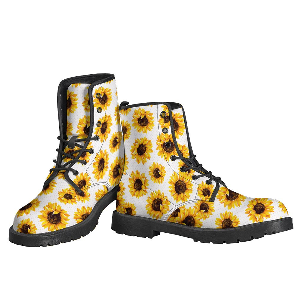 Sunflower Polka Dot Pattern Print Leather Boots for Free Spirited Hippies - 3