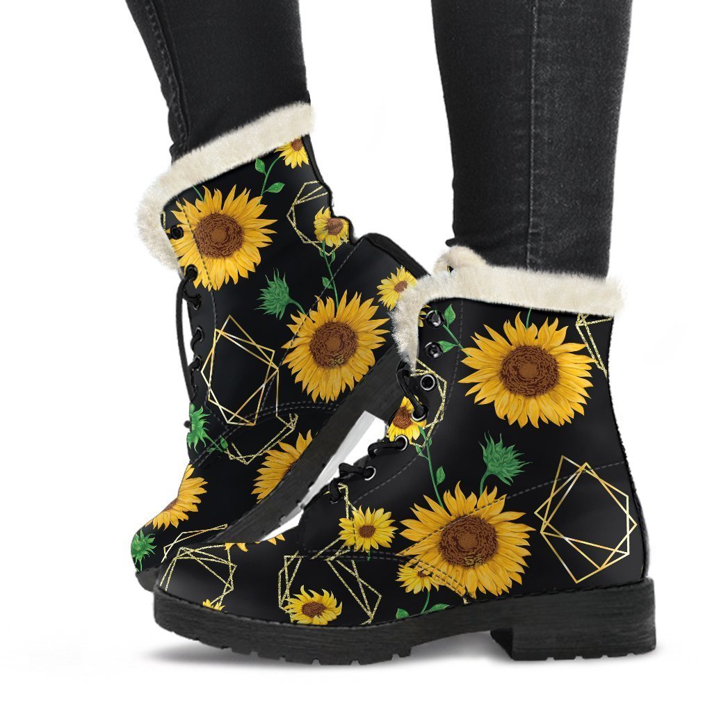 Sunflower Dream: Bohemian Faux Fur Leather Boots for Hippies - 1