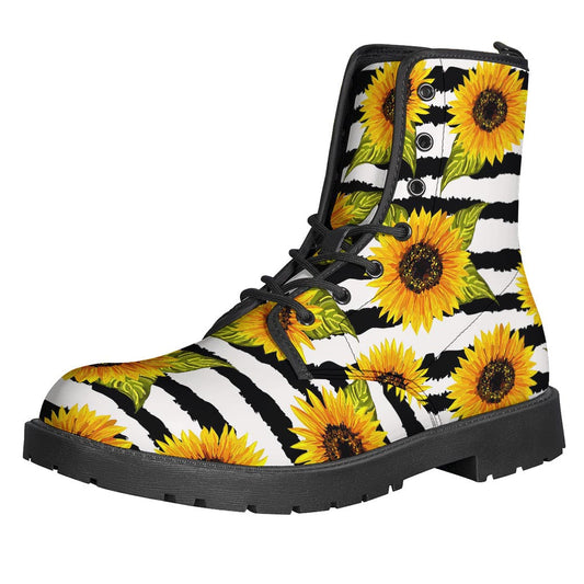 Sunflower Striped Pattern Print Leather Boots for Free-Spirited Hippies - 1