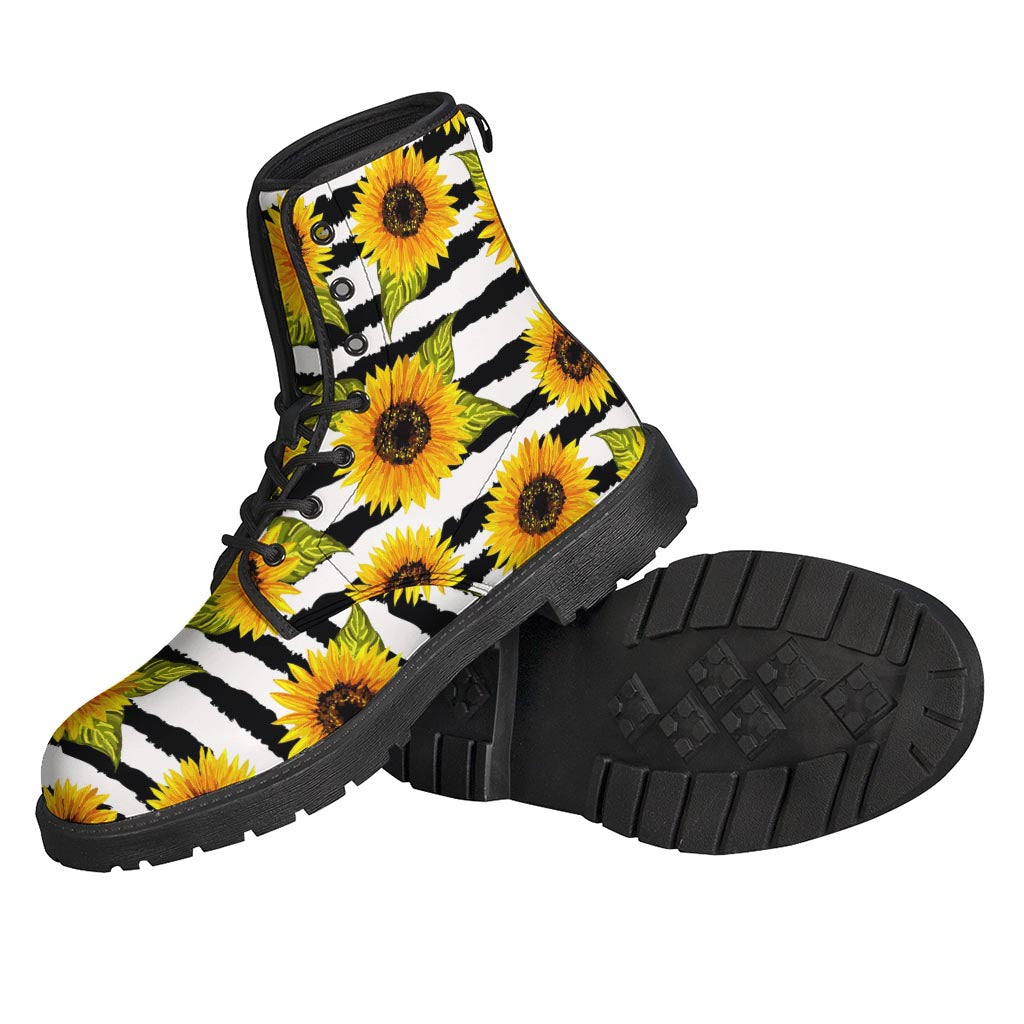 Sunflower Striped Pattern Print Leather Boots for Free-Spirited Hippies - 2