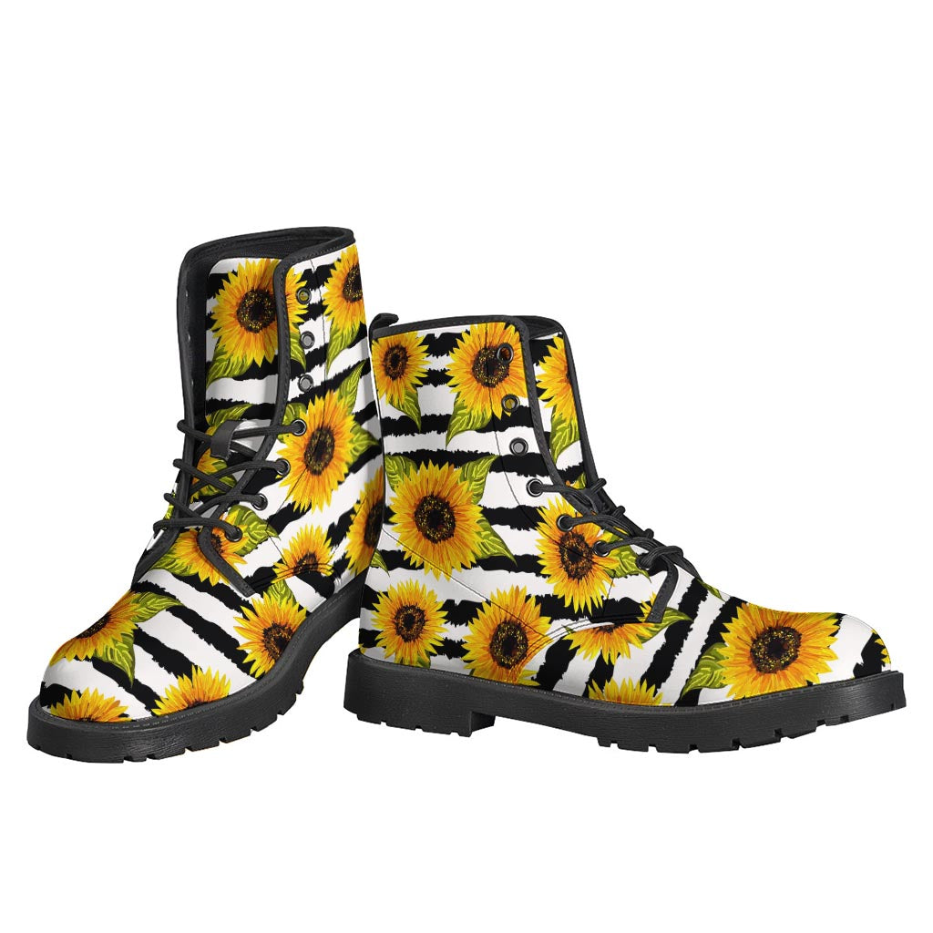 Sunflower Striped Pattern Print Leather Boots for Free-Spirited Hippies - 3