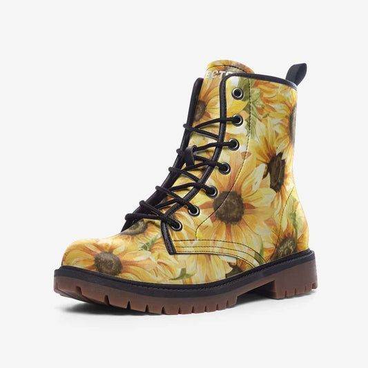 Emerald Blossoms - Sunflower Vegan Leather Combat Boots For Hippies