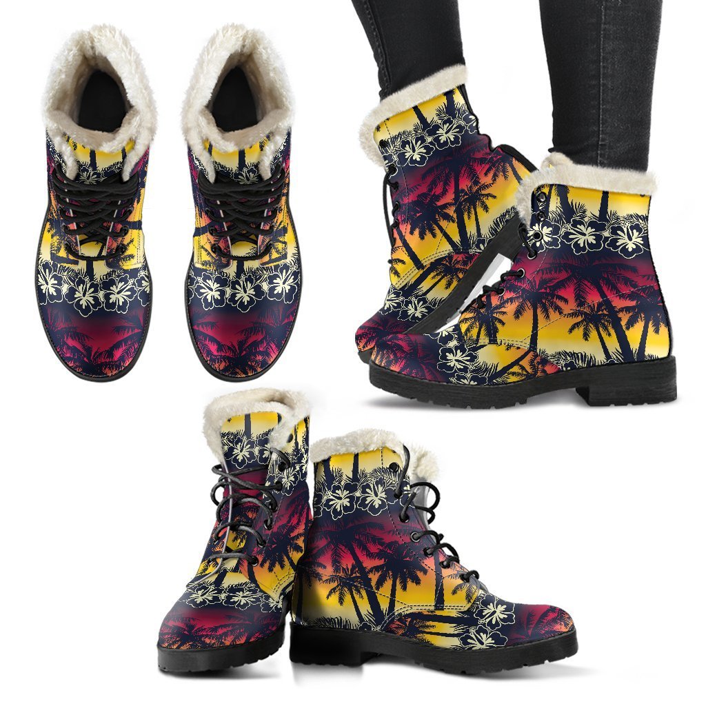 Swaying in Style: Sunset Hibiscus Palm Tree Faux Fur Leather Boots for the Free-Spirited Hippie - 2