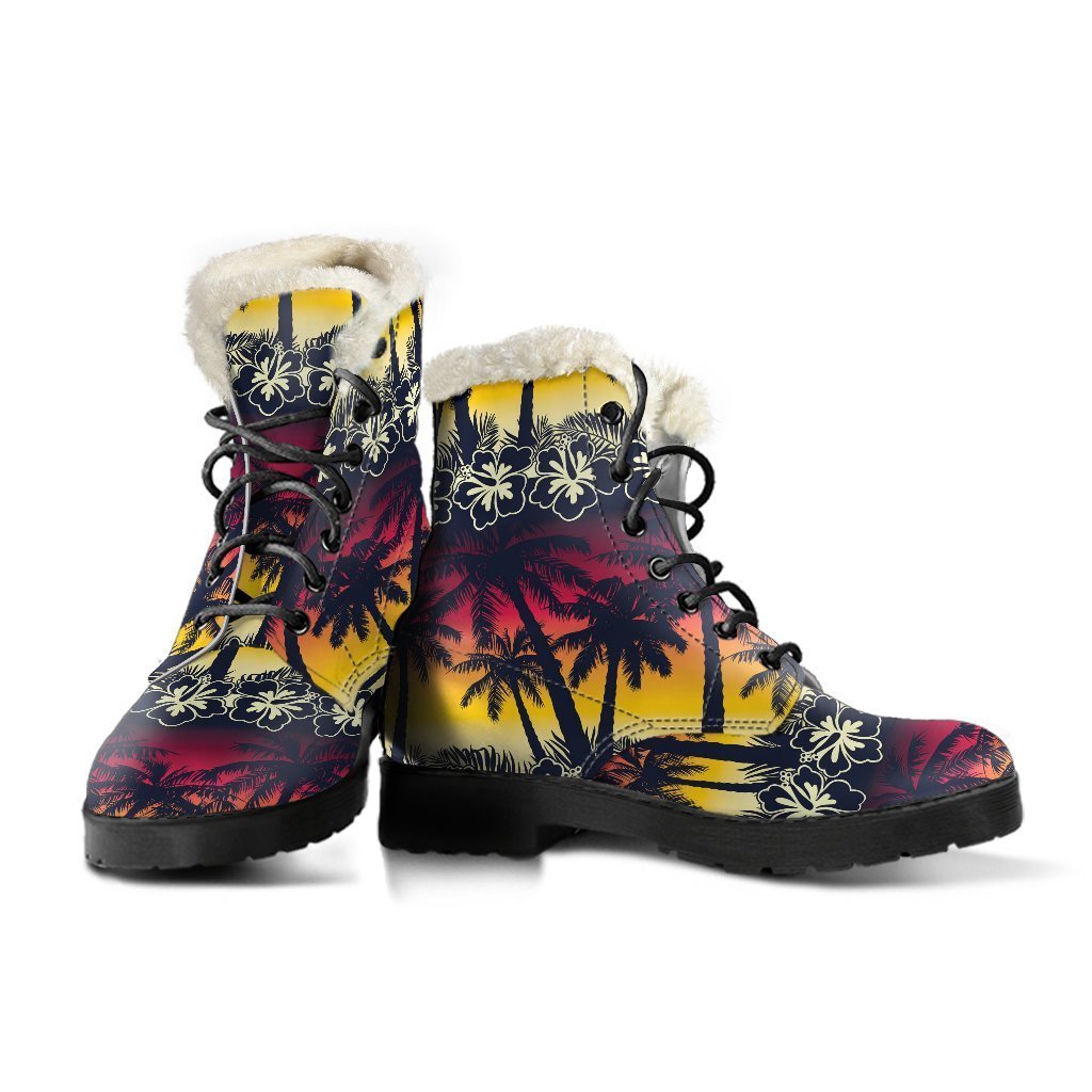 Swaying in Style: Sunset Hibiscus Palm Tree Faux Fur Leather Boots for the Free-Spirited Hippie - 3