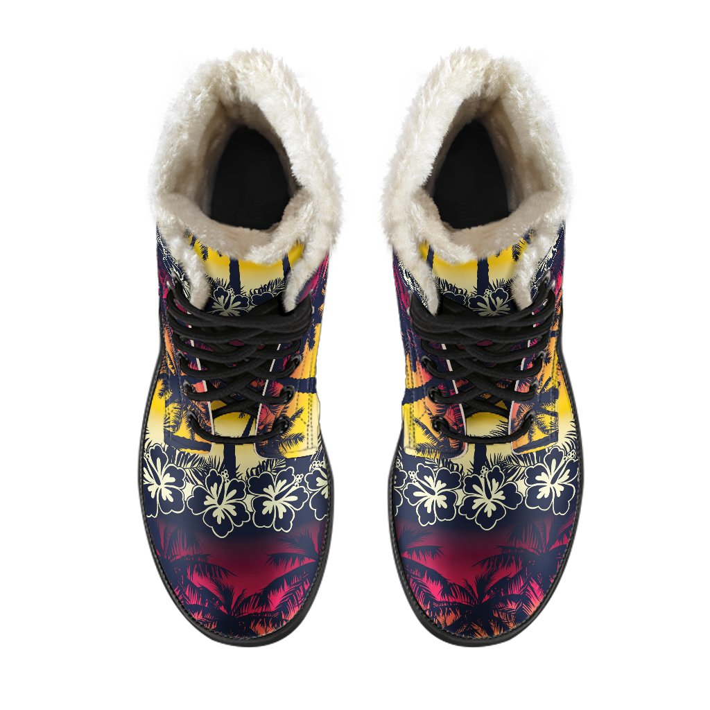 Swaying in Style: Sunset Hibiscus Palm Tree Faux Fur Leather Boots for the Free-Spirited Hippie - 4