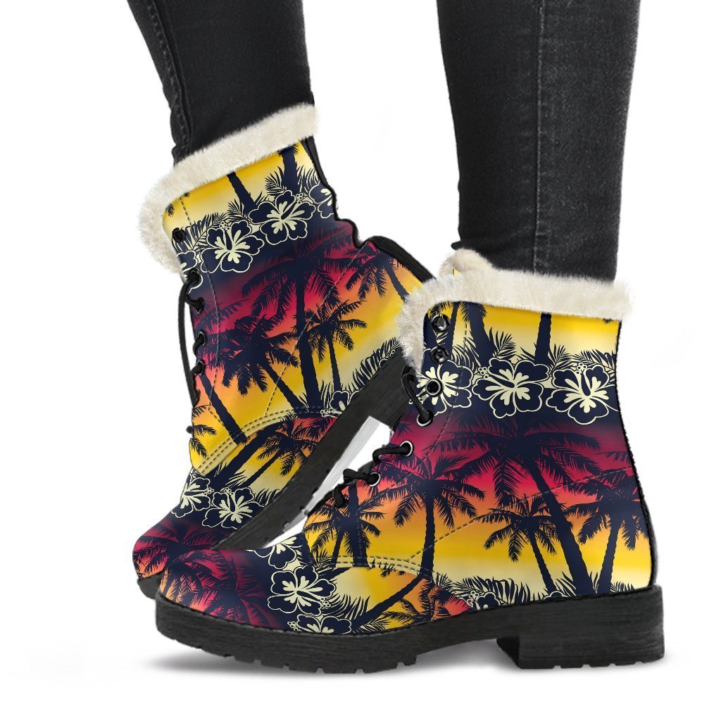 Swaying in Style: Sunset Hibiscus Palm Tree Faux Fur Leather Boots for the Free-Spirited Hippie - 1