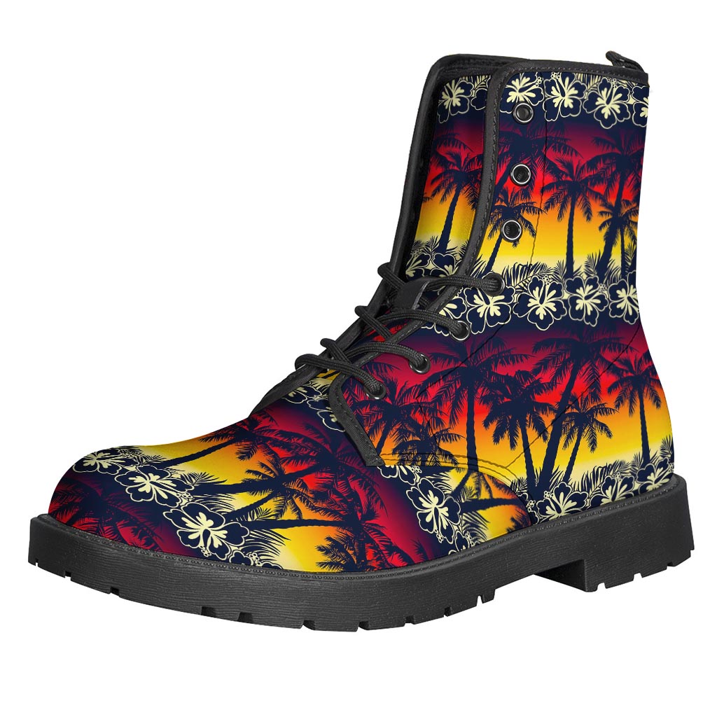 Sunset Hibiscus Palm Tree Pattern Leather Boots for Hippies - 1