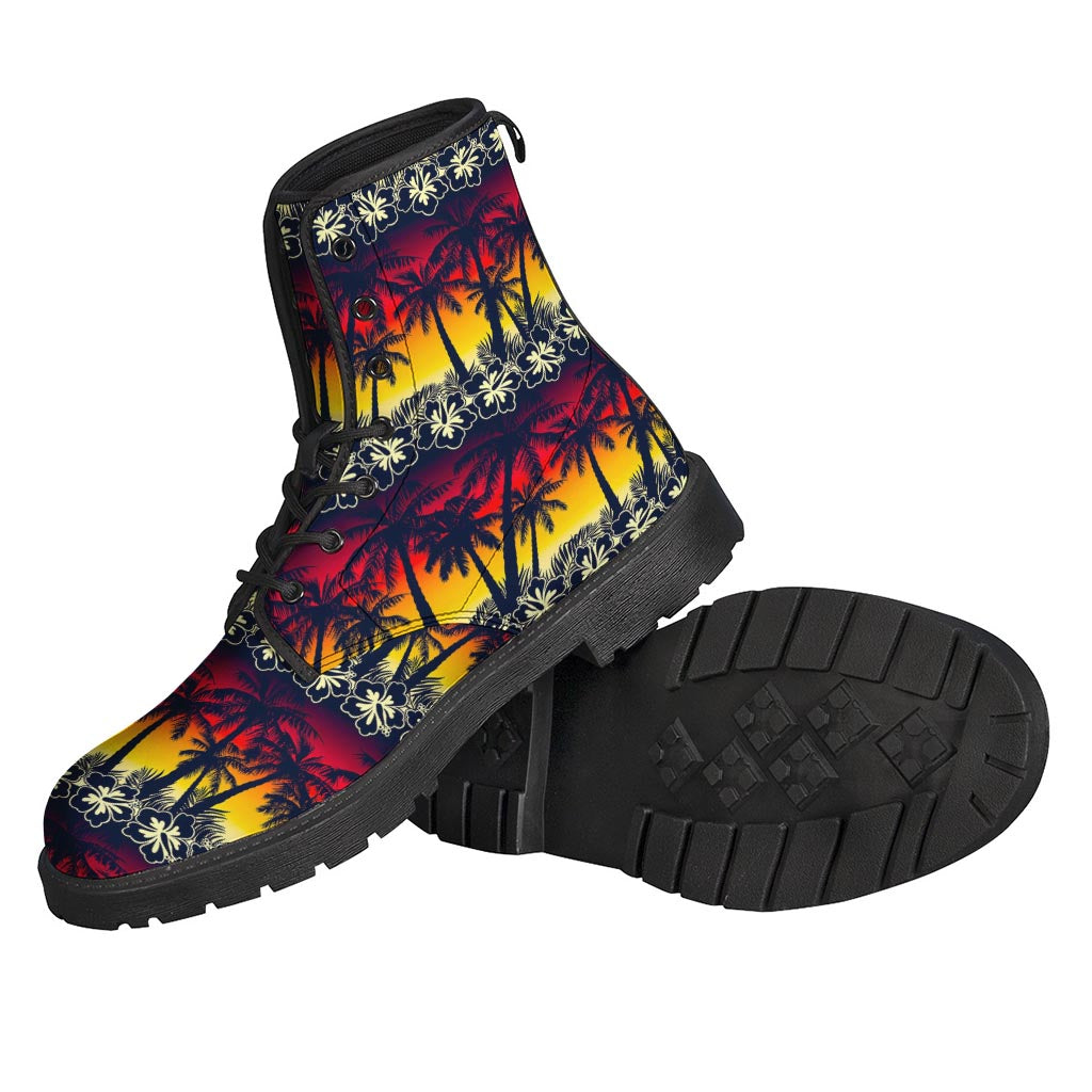 Sunset Hibiscus Palm Tree Pattern Leather Boots for Hippies - 2