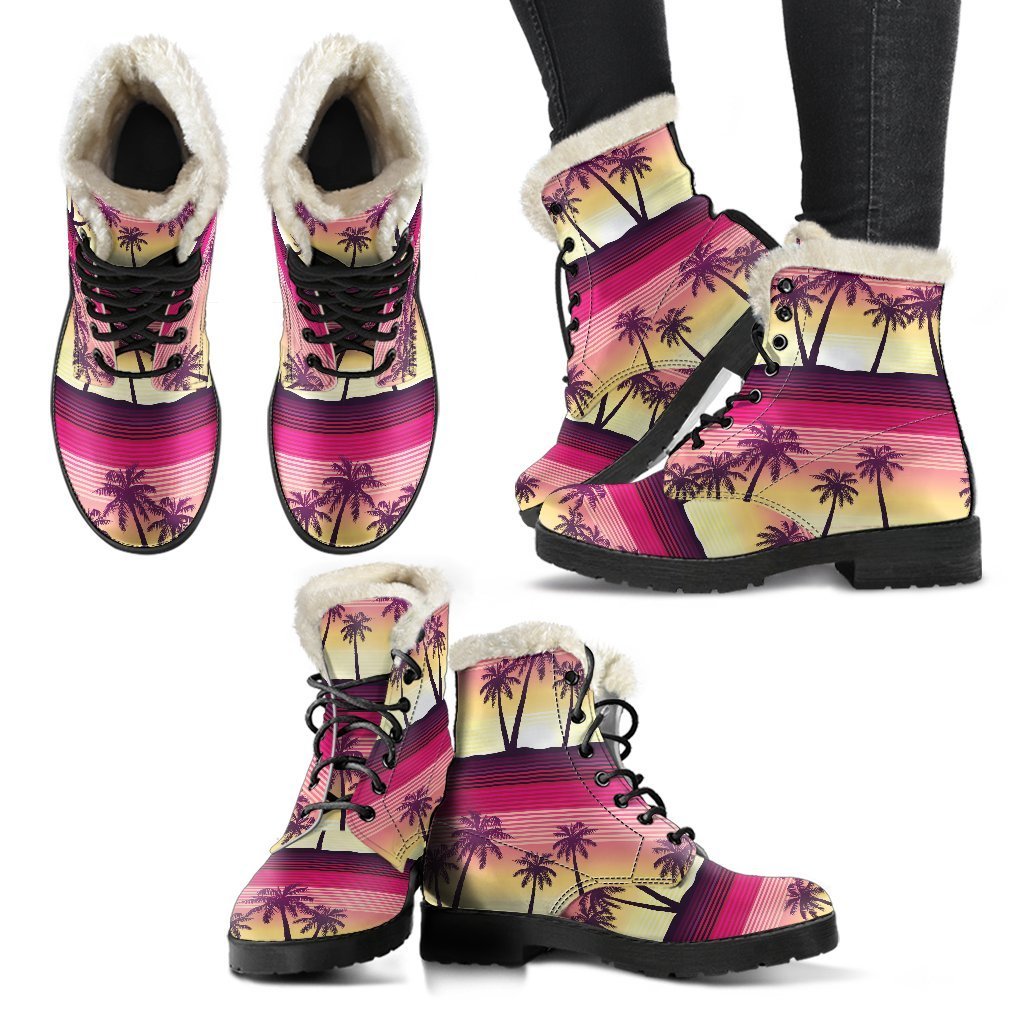 Sunset Palm Tree Pattern Faux Fur Leather Boots for the Free-Spirited Hippie - 2