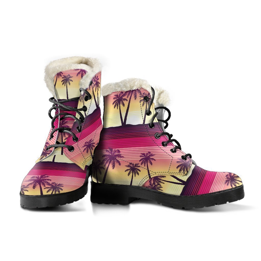 Sunset Palm Tree Pattern Faux Fur Leather Boots for the Free-Spirited Hippie - 3