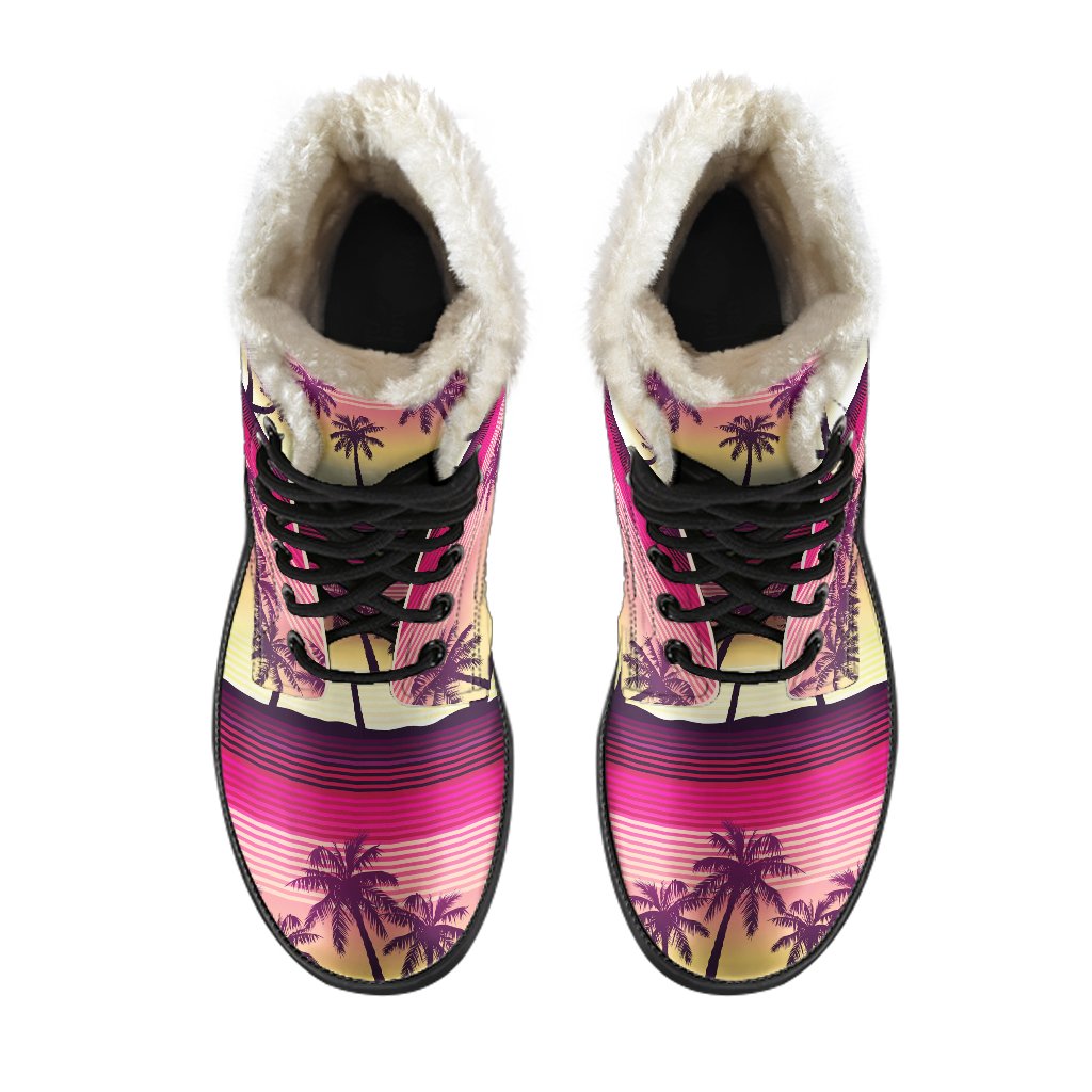 Sunset Palm Tree Pattern Faux Fur Leather Boots for the Free-Spirited Hippie - 4