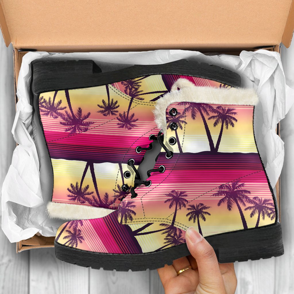 Sunset Palm Tree Pattern Faux Fur Leather Boots for the Free-Spirited Hippie - 5