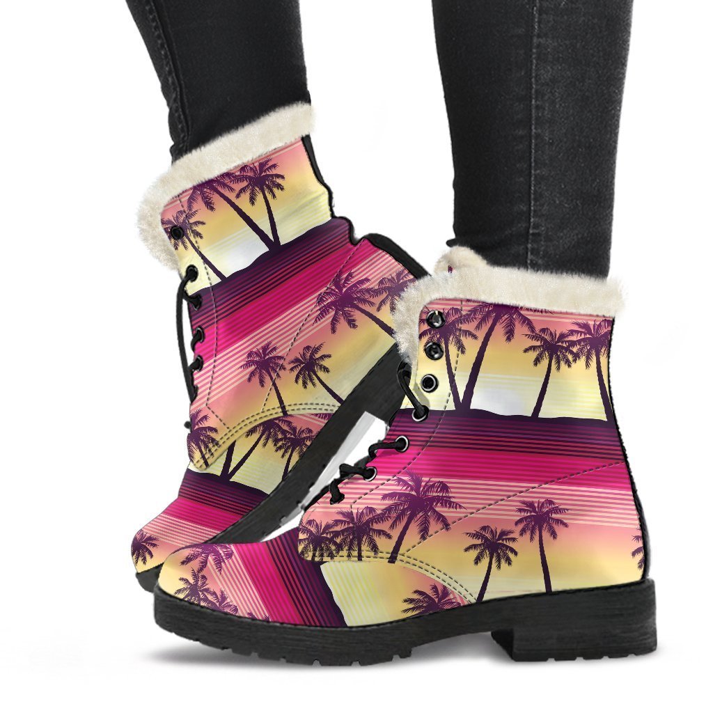 Sunset Palm Tree Pattern Faux Fur Leather Boots for the Free-Spirited Hippie - 1