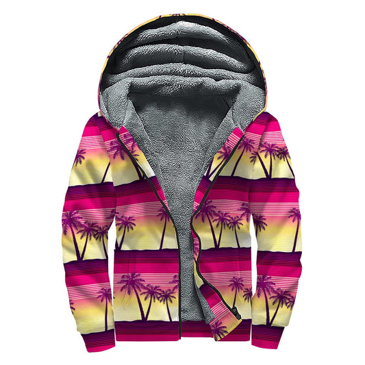 Sunny Days Hippie Sherpa Lined Zip Up Hoodie with Palm Tree Pattern - 1