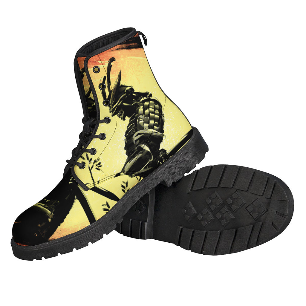 Sunset Samurai Warrior Print Leather Boots for Boho Chic Hippies - 2