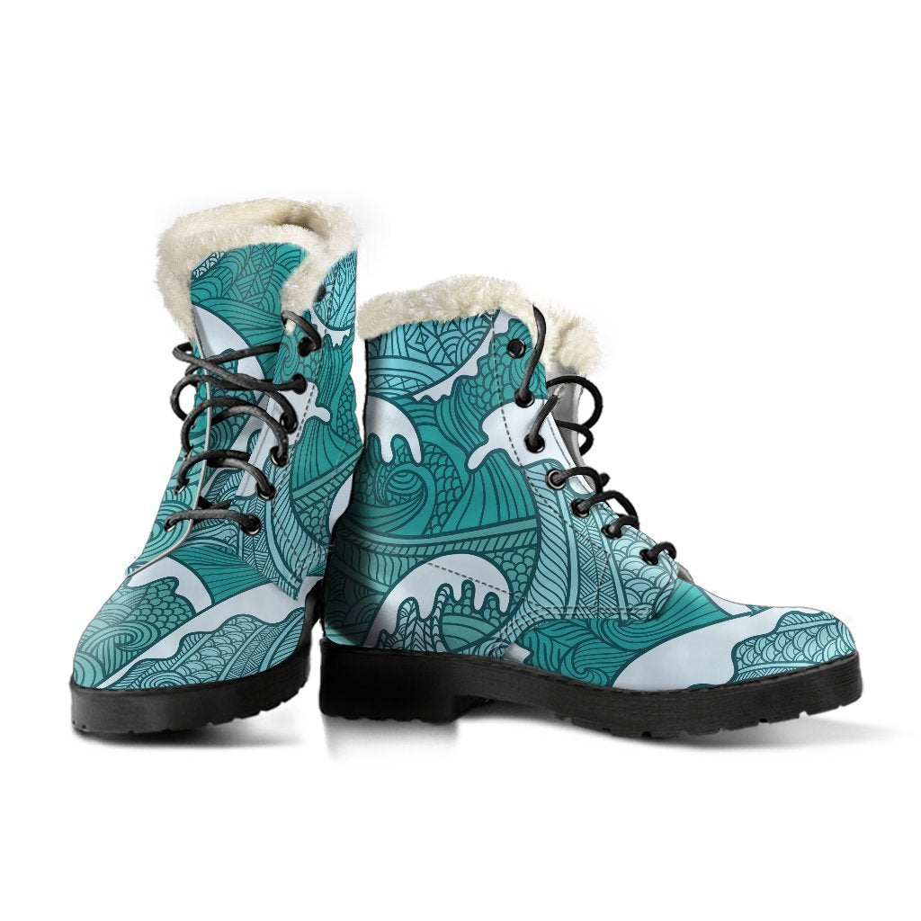 Trippin' in Style: Surfing Wave Pattern Faux Fur Leather Boots for Modern Hippies - 3