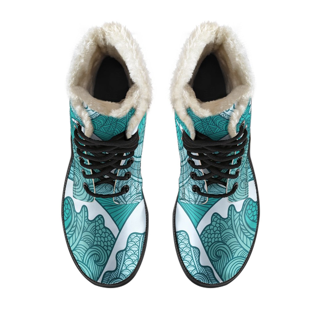 Trippin' in Style: Surfing Wave Pattern Faux Fur Leather Boots for Modern Hippies - 4