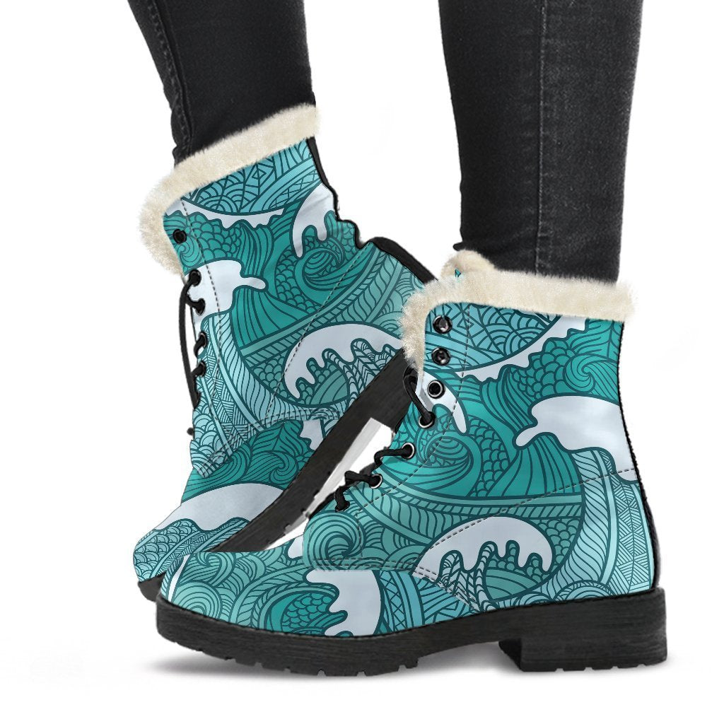 Trippin' in Style: Surfing Wave Pattern Faux Fur Leather Boots for Modern Hippies - 1