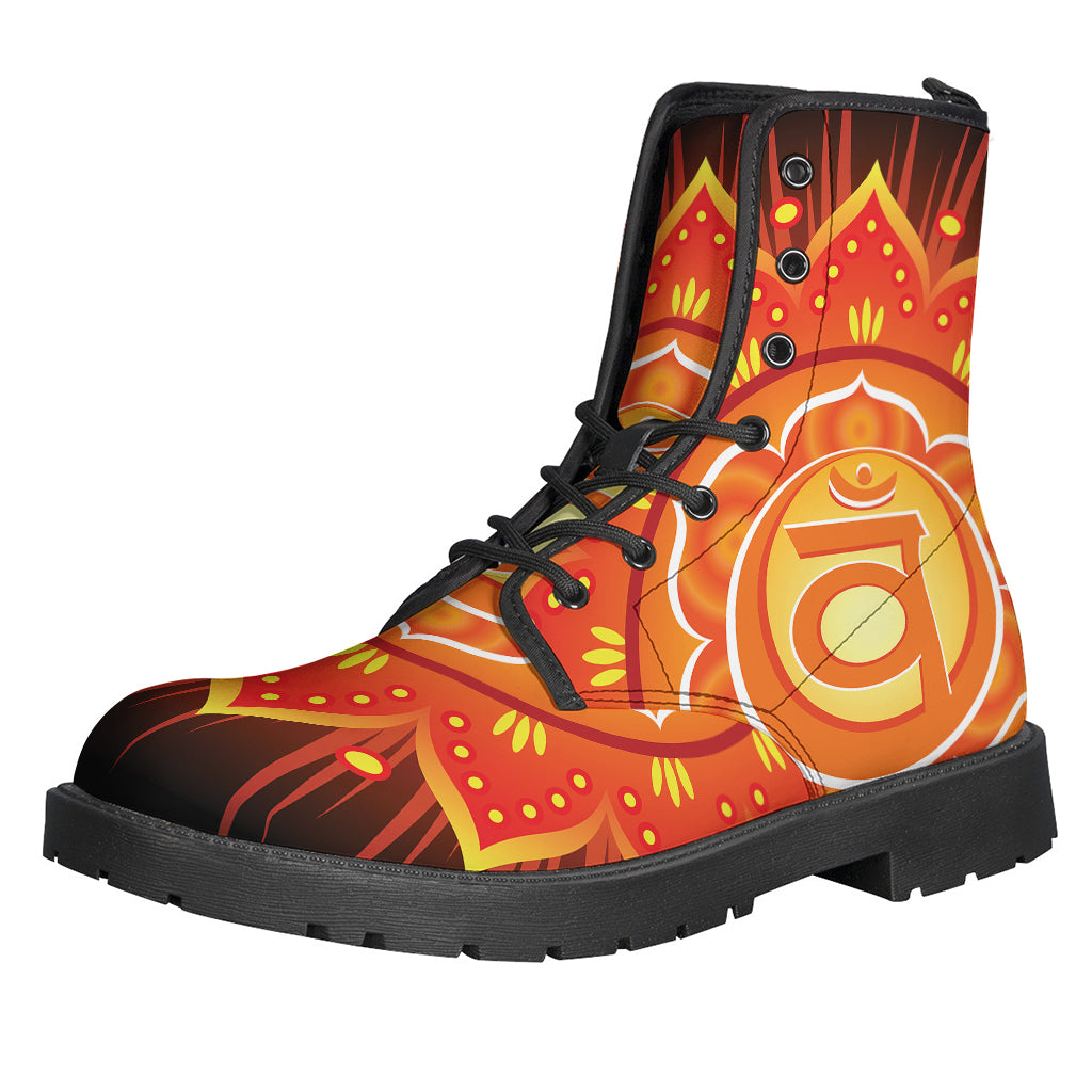 Swadhisthana Chakra Mandala Print Leather Boots: Hippie Chic Footwear for Free Spirits - 1