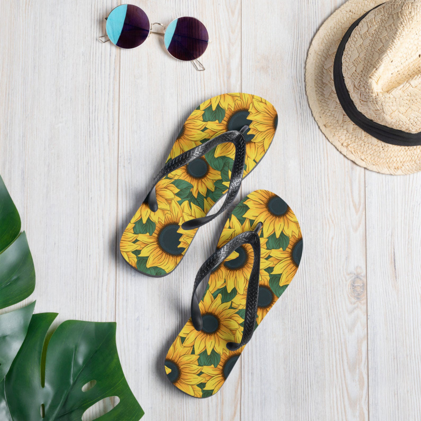 Emerald  Blossoms - Sunflower Flip Flops.