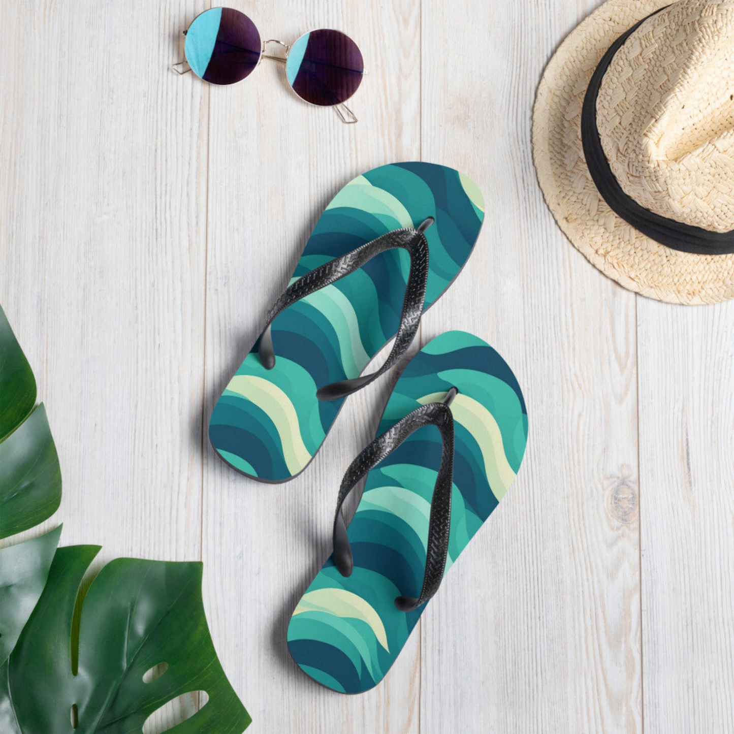 Emerald  Blossoms - Waves Flip Flops.