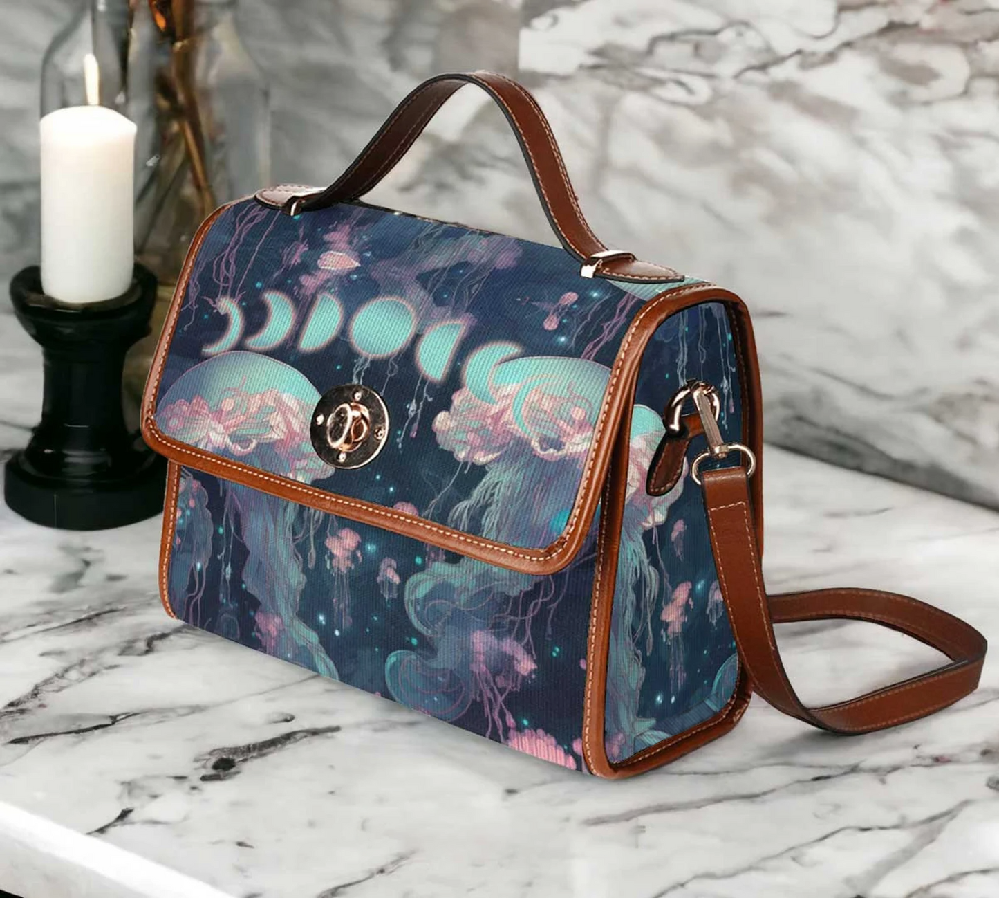 Emerald Blossoms - Witchy Neon Blue Whimsical Jellyfish Satchel Bag For Hippies