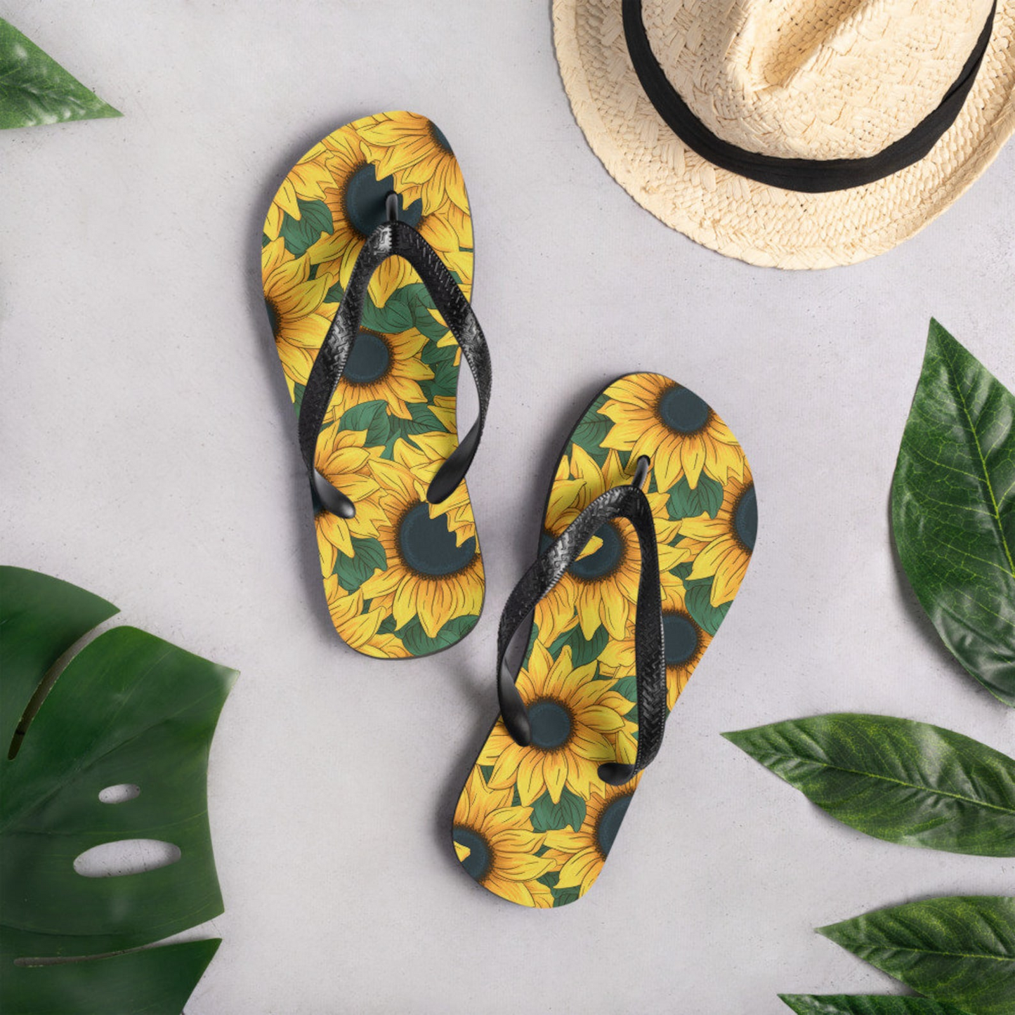 Emerald  Blossoms - Sunflower Flip Flops.