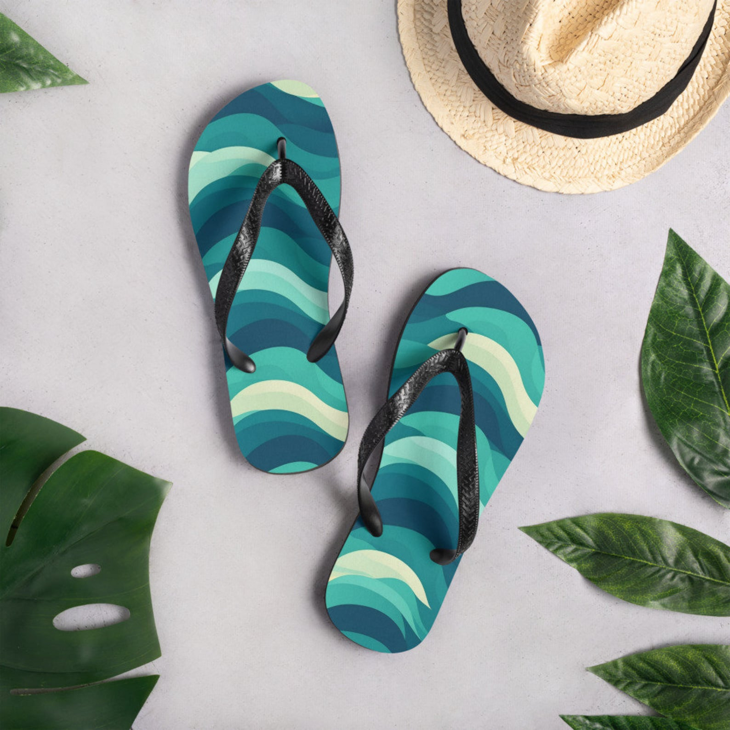 Emerald  Blossoms - Waves Flip Flops.