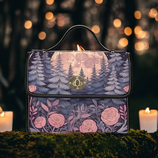 Emerald Blossoms - Cottagecore Purple Pine Forest Pink Rose Black Canvas Satchel Bag For Hippies