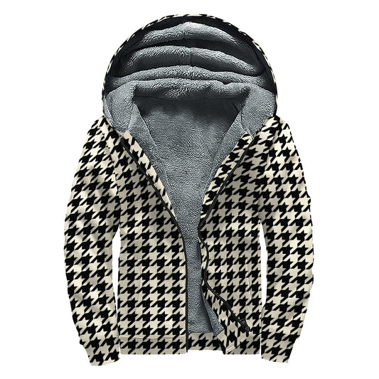 Tan and Black Houndstooth Sherpa Lined Zip Up Hoodie for the Free-Spirited Hippie - 1