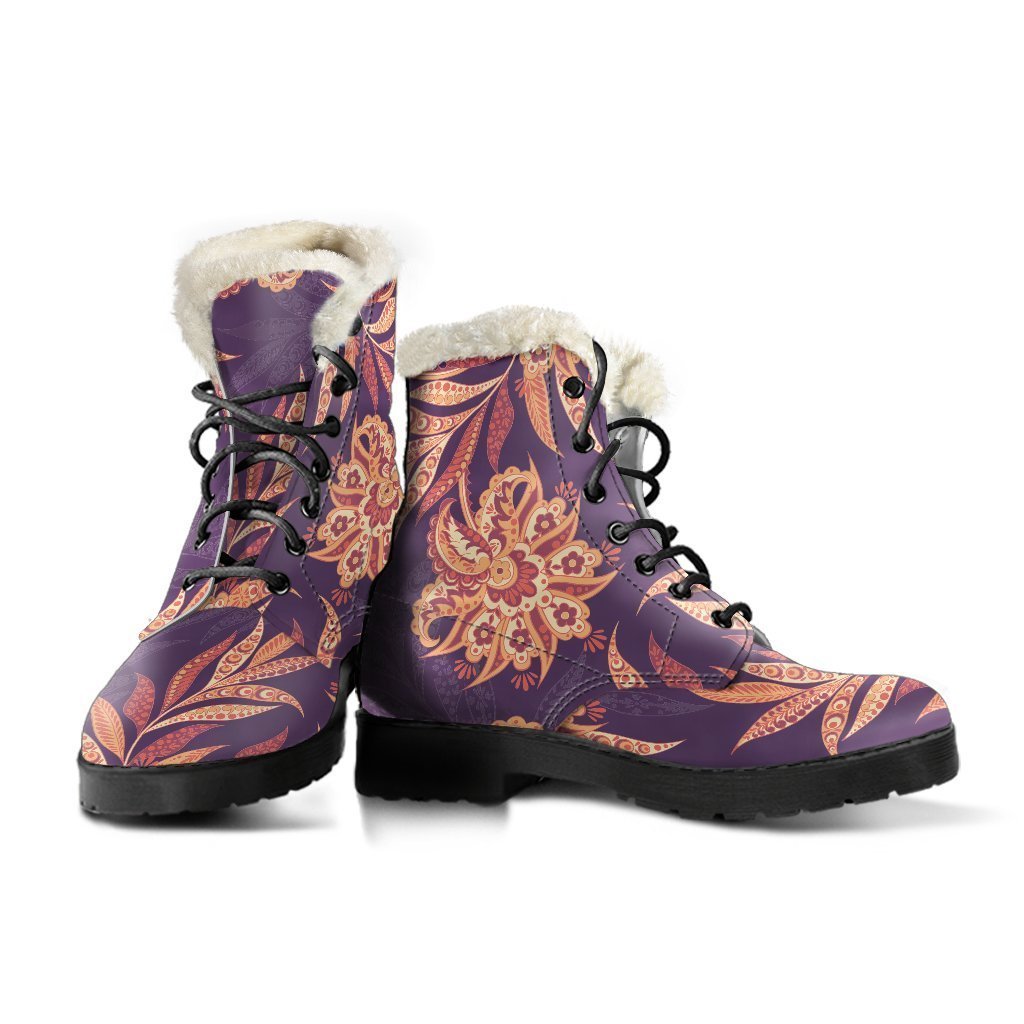 Tangerine Floral Bohemian Faux Fur Leather Boots for Hippie Chic Style - 3