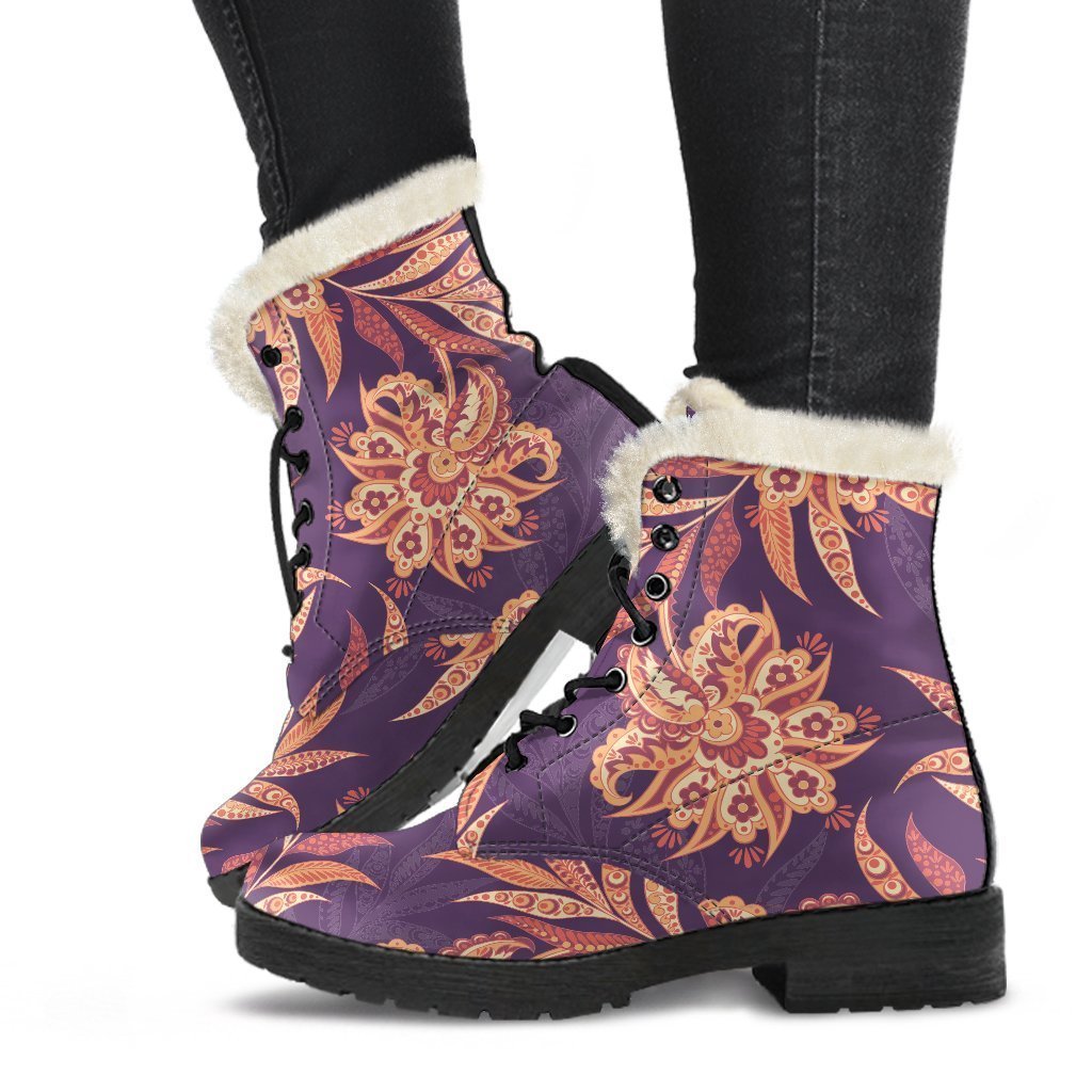 Tangerine Floral Bohemian Faux Fur Leather Boots for Hippie Chic Style - 1