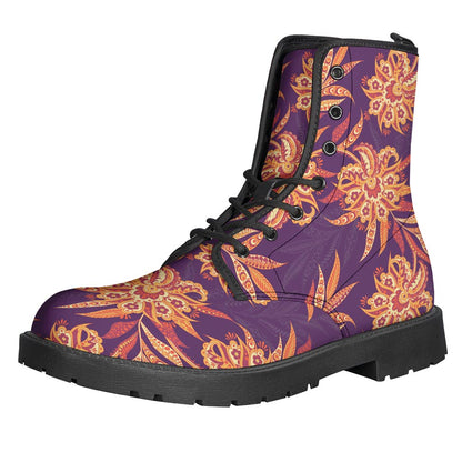 Tangerine Floral Bohemian Pattern Leather Lightweight Boots for Free-Spirited Hippies - 1