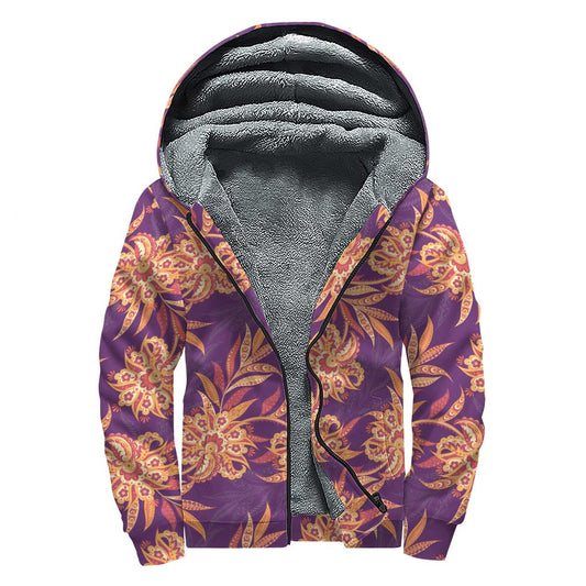 Tangerine Floral Bohemian Pattern Print Sherpa Lined Zip Up Hoodie: Embrace Your Inner Hippie Style - 1