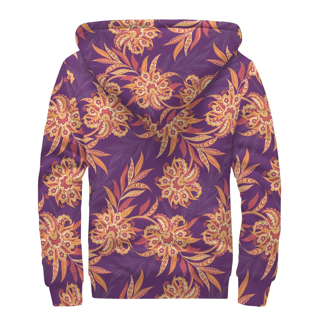 Tangerine Floral Bohemian Pattern Print Sherpa Lined Zip Up Hoodie: Embrace Your Inner Hippie Style - 2