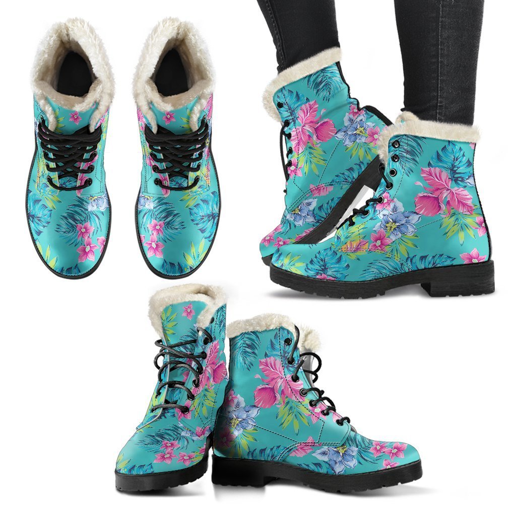 Teal Aloha Tropical Patterned Faux Fur Leather Boots for the Trendy Hippie - 2