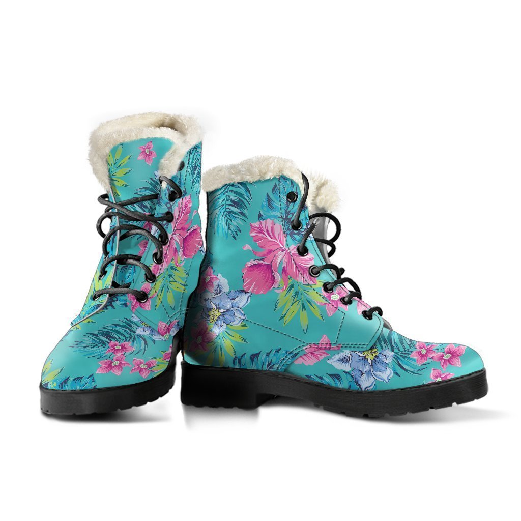 Teal Aloha Tropical Patterned Faux Fur Leather Boots for the Trendy Hippie - 3