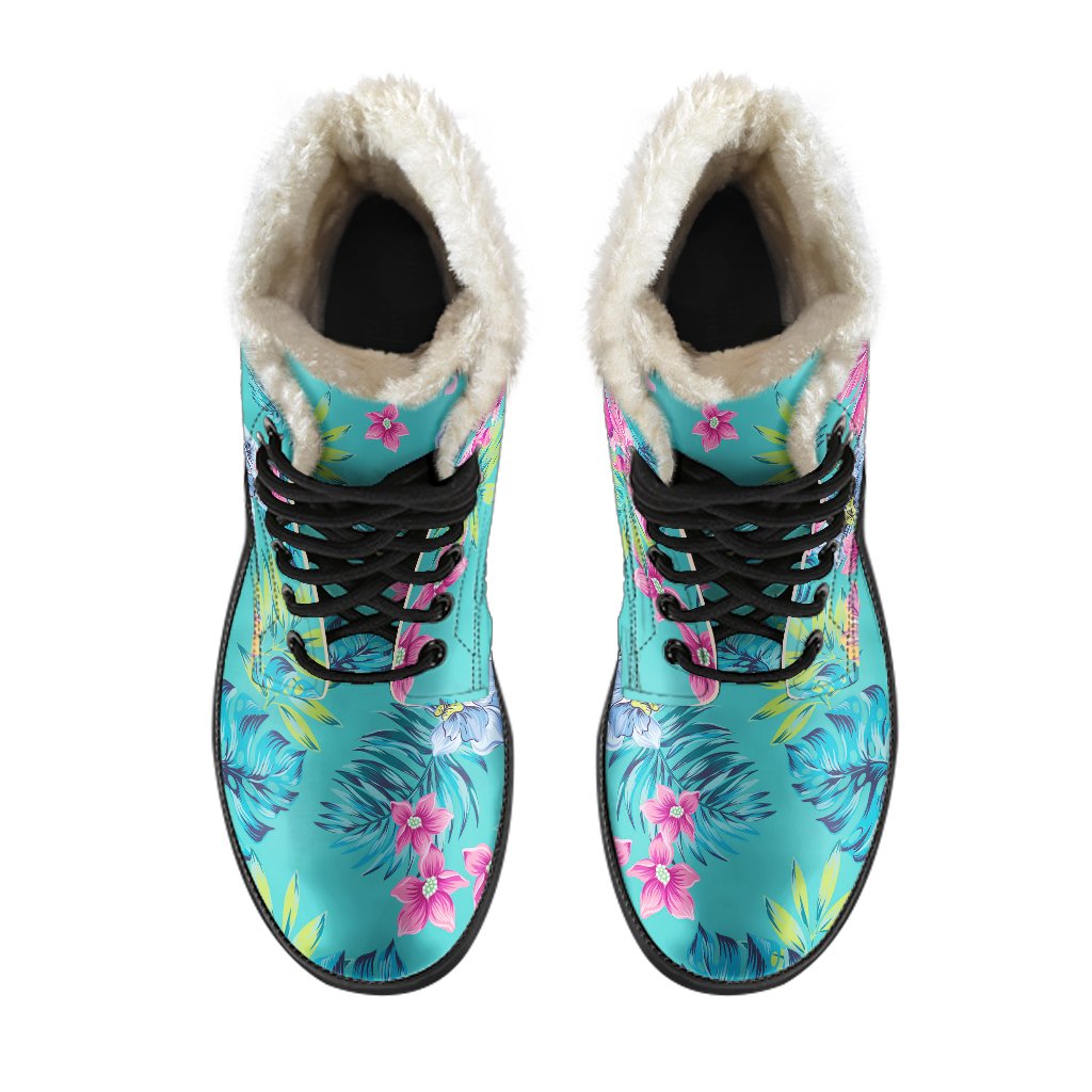 Teal Aloha Tropical Patterned Faux Fur Leather Boots for the Trendy Hippie - 4