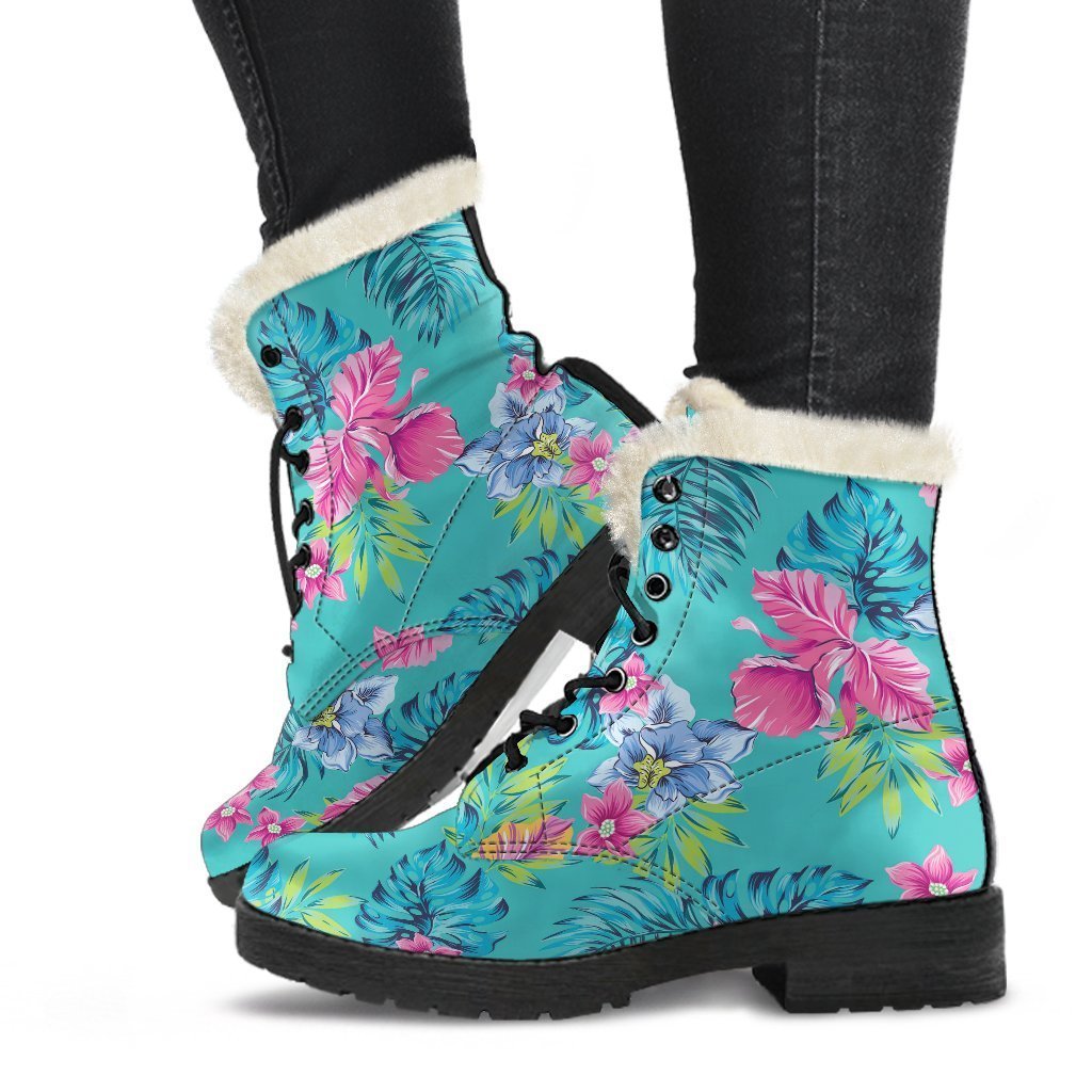 Teal Aloha Tropical Patterned Faux Fur Leather Boots for the Trendy Hippie - 1