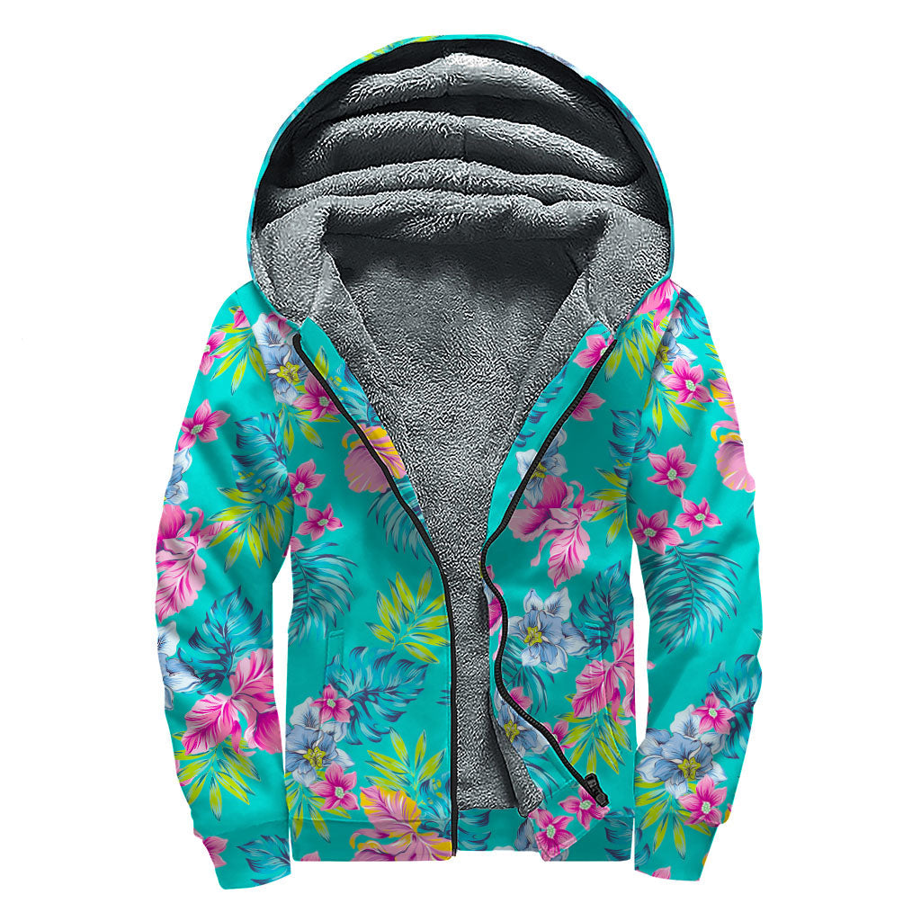 Teal Aloha Tropical Pattern Print Sherpa Lined Zip Up Hoodie: Embrace Your Inner Hippie Style! - 1