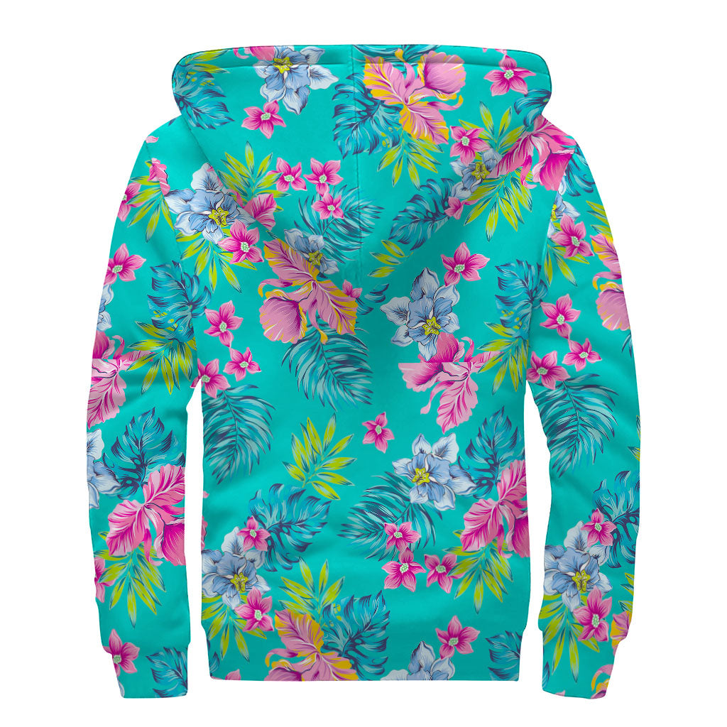 Teal Aloha Tropical Pattern Print Sherpa Lined Zip Up Hoodie: Embrace Your Inner Hippie Style! - 2