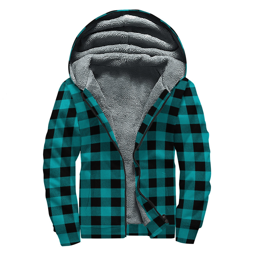 Teal and Black Buffalo Check Print Sherpa Lined Zip Up Hoodie for the Free-Spirited Hippie - 1