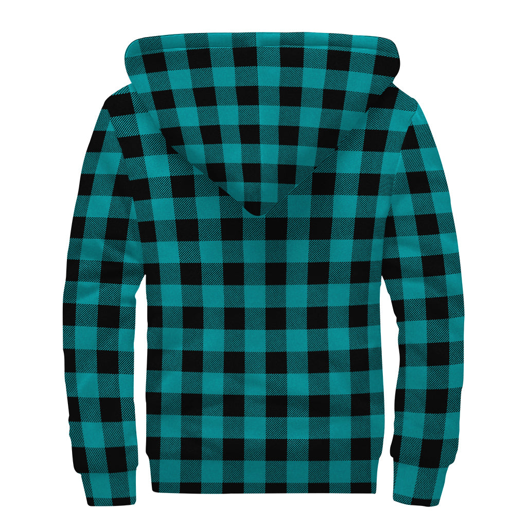 Teal and Black Buffalo Check Print Sherpa Lined Zip Up Hoodie for the Free-Spirited Hippie - 2