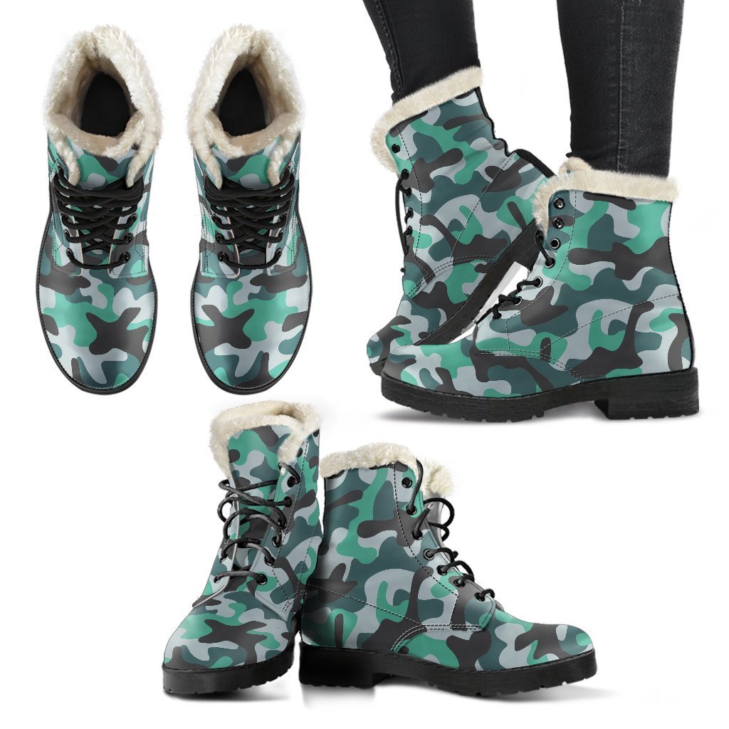 Boho Chic Faux Fur Leather Boots: Teal and Black Camouflage Style - 2