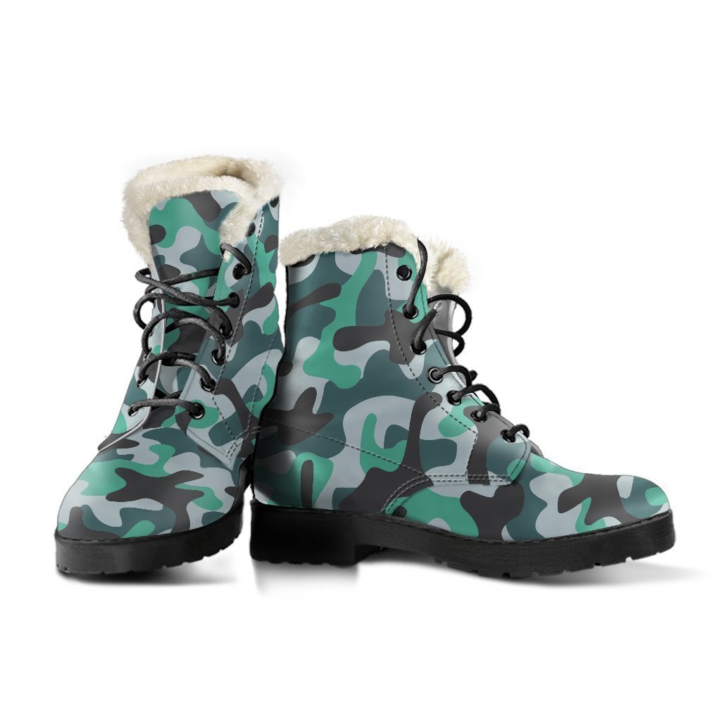 Boho Chic Faux Fur Leather Boots: Teal and Black Camouflage Style - 3