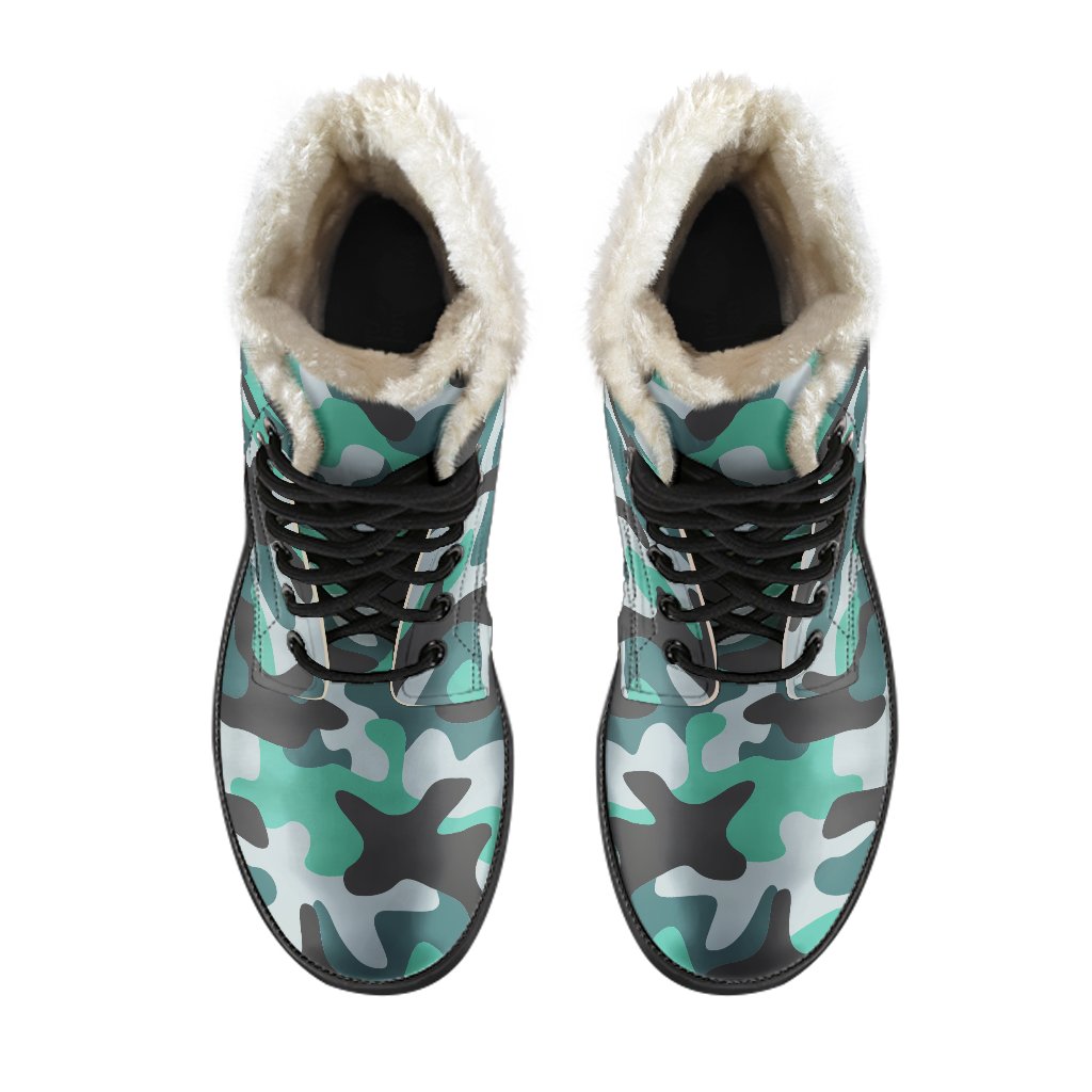 Boho Chic Faux Fur Leather Boots: Teal and Black Camouflage Style - 4