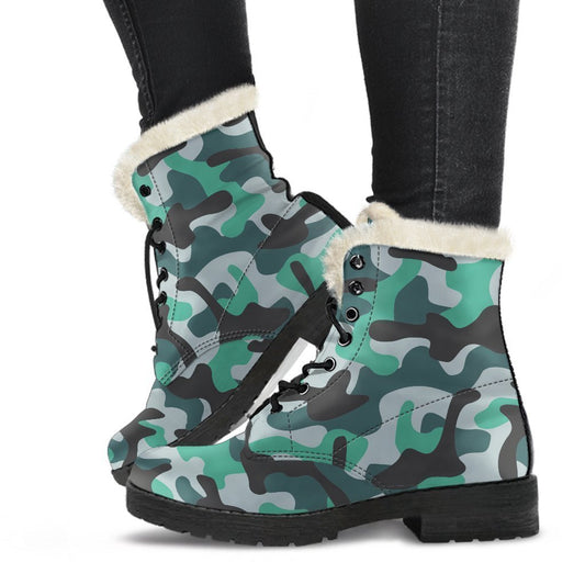 Boho Chic Faux Fur Leather Boots: Teal and Black Camouflage Style - 1