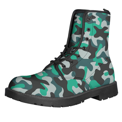 Teal and Black Camouflage Print Leather Hippie Boots - 1