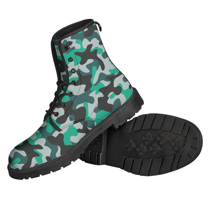 Teal and Black Camouflage Print Leather Hippie Boots - 2