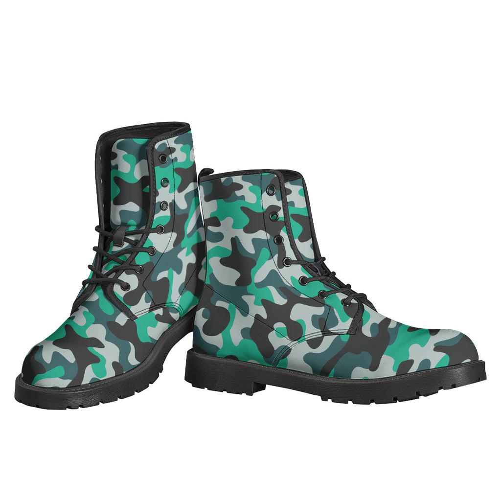 Teal and Black Camouflage Print Leather Hippie Boots - 3